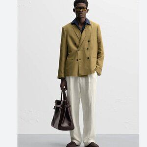 Zara Mens Suit Jacket Blazer EU 50 US 40 Green Linen Double Breast 4615/980 NWT